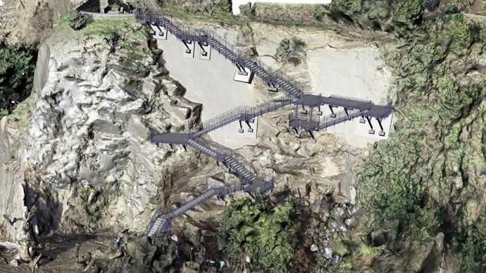 L’escalier en acier, dessiné par François Delarozière, le Directeur artistique de la compagnie La Machine, cheminera le long du front rocheux. L’ascension sera rythmée par quatre belvédères intermédiaires, conçus comme des haltes. Il rejoindra la guérite du square Maurice Schowb. © Compagnie La Machine